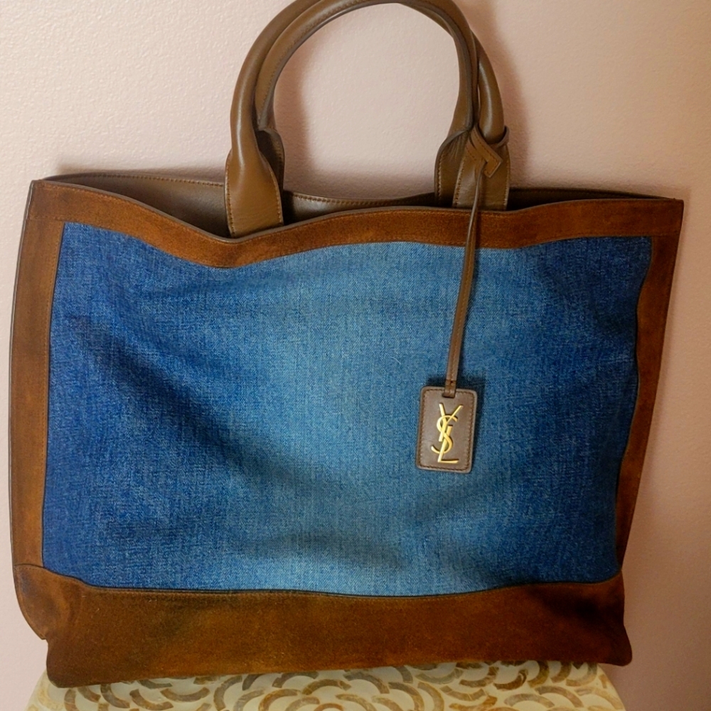 Yves Saint Laurent Blue and Brown Leather Briefcase